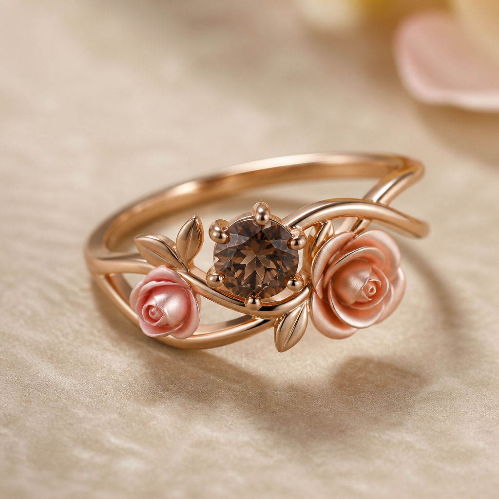 A women's ring. it's a delicate soft drink with nice girls and the design should be minimalistic with some Rose soft rose petals on it plus a small Solitaire not Diamond a rare Solitaire of brown colour with nice beats and a double
photorealistic jewelry design, A women's ring. it's a delicate soft drink with nice girls and the design should be minimalistic with some Rose soft rose petals on it plus a small Solitaire not Diamond a rare Solitaire of brown colour with nice beats and a double, modern style, just the design no text