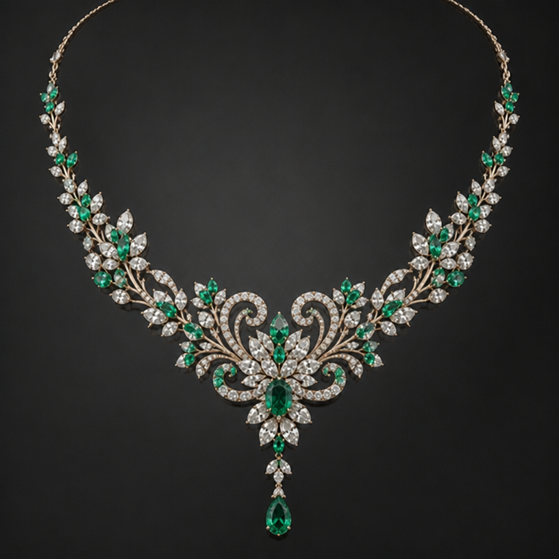 . Refinement: embed emarald stones
edit the attached jewelry design with these instructions: . Refinement: embed emarald stones. keep it photorealistic, just the design no text
