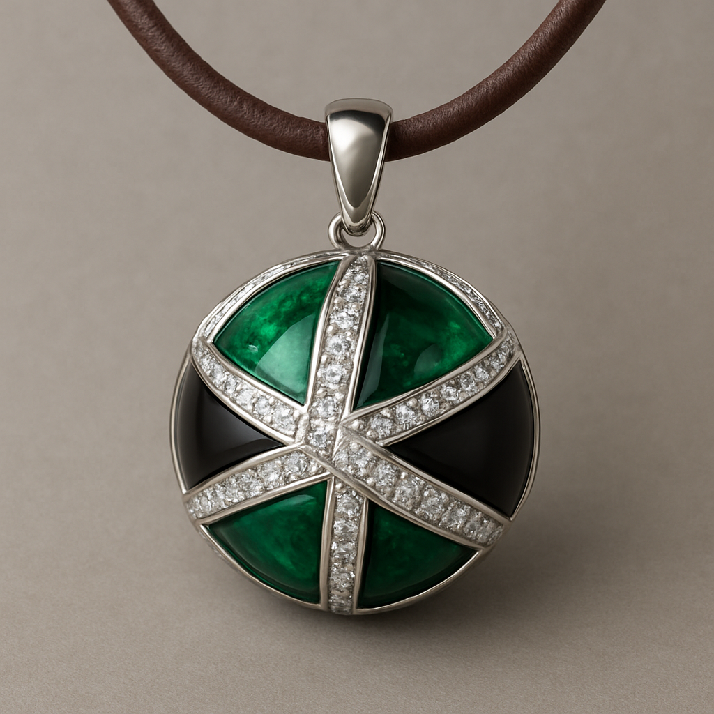 a necklace on leather strap with 3d ball that has 6 big slices emerald, black and diamonds white gold setting 