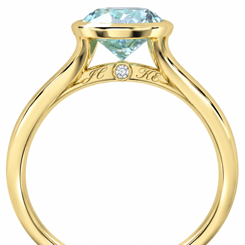 A women's ring. Aquamarine cathedral yellow gold ring with small diamond in the middle of the bridge with the initials JC on the left side and initials KE on the right side engraved in cursive slanted lettering along with line of the bridge
using the attached image as a visual reference, create A women's ring. Aquamarine cathedral yellow gold ring with small diamond in the middle of the bridge with the initials JC on the left side and initials KE on the right side engraved in cursive slanted lettering along with line of the bridge. photorealistic, just the design no text