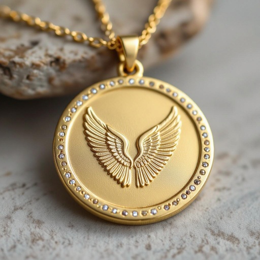 Золотой матовый медальон в форме круга с неровными краями. По краям выпуклые точки сплошной линией. На круге выгравирован ангел без фигуры, видно только крылья и украшен миниатюрными камнями