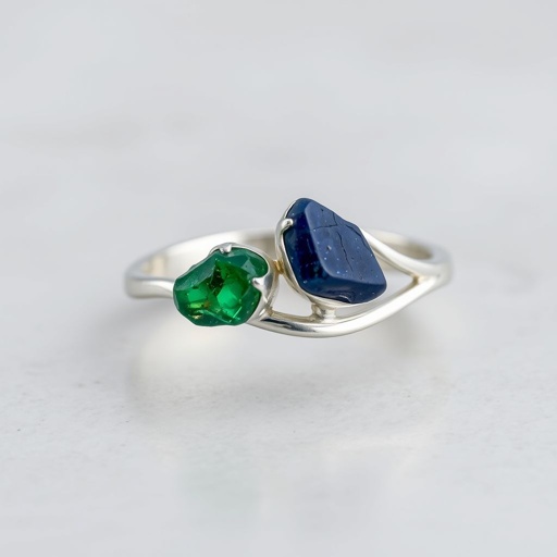 Design silver adjustable ring, use minimum silver, use 2 raw natural gemstones 