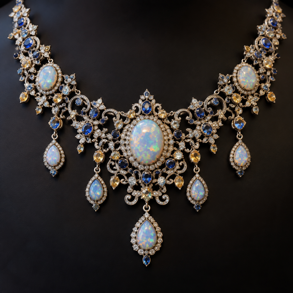 A medieval women's necklace made of white gold with opal and topaz and sapphire stones suitable for party, highly ornate, intricate and elaborate, richly detailed
photorealistic jewelry design, A medieval women's necklace made of white gold with opal and topaz and sapphire stones suitable for party, highly ornate, intricate and elaborate, richly detailed, medieval style, just the design no text