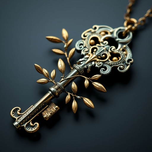 Old skeleton key shape gold and silver tones with olive branch turning on leg and keffieh print on the tip