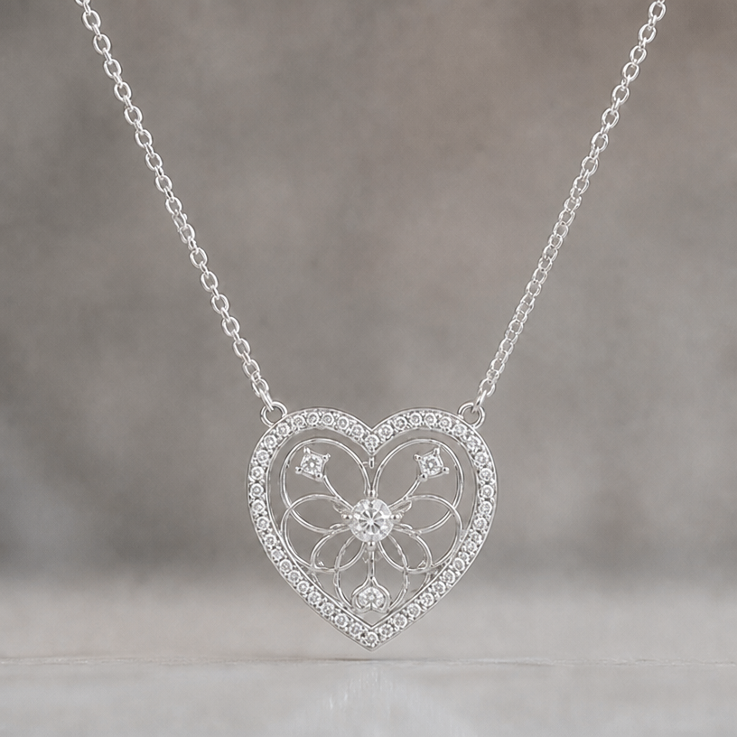 Remplaçer le coeur interieur du bas par un petit diamant, enlever le petit coeur au dessus du diamant du milieu
edit the attached jewelry design with these instructions: Remplaçer le coeur interieur du bas par un petit diamant, enlever le petit coeur au dessus du diamant du milieu. keep it photorealistic, just the design no text