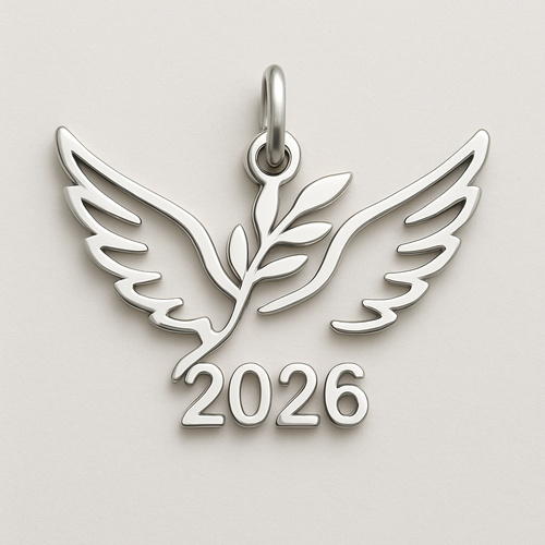Silver cut-out charm blending together two spread out wings of a bird, an olive branch and  along year 2026