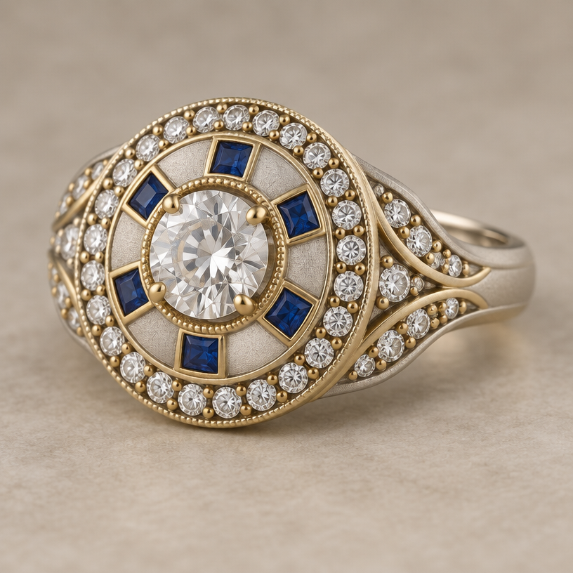 A vintage women's ring made of mixed metal with diamond and sapphire stones. design ring using 33 .10 carat diamonds, 7 .10 carat square sapphires, and one 1.0 carat round diamond. metals should be white and yellow gold with a matte finish. do not cluster gems.
using the attached image as a visual reference, create A vintage women's ring made of mixed metal with diamond and sapphire stones. design ring using 33 .10 carat diamonds, 7 .10 carat square sapphires, and one 1.0 carat round diamond. metals should be white and yellow gold with a matte finish. do not cluster gems.. photorealistic, just the design no text