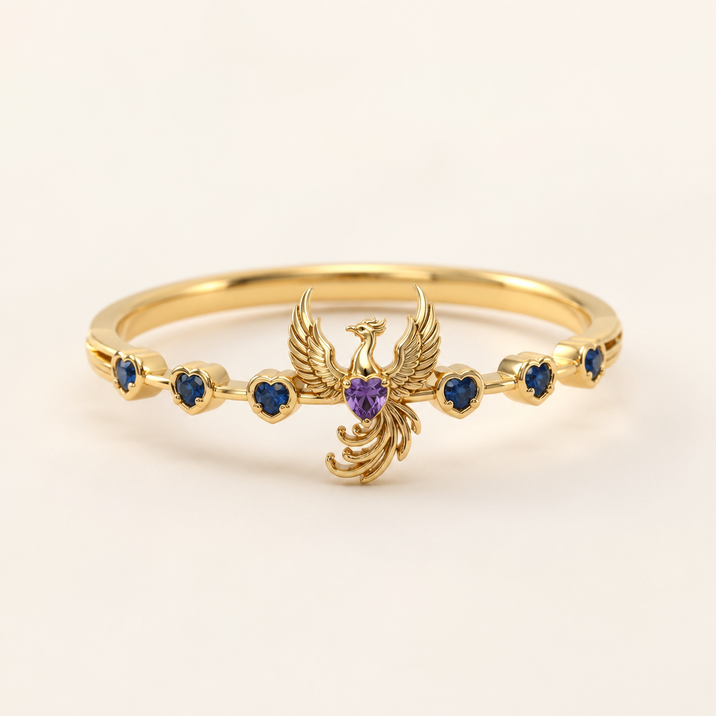 A minimalist women's ring made of gold with amethyst and sapphire stones suitable for daily wear. um anel com fio dourado, ouro, robusto, com 7 corações espcaçados entre si 0,05mm com pedra azul sapphire. no centro uma fenix segurando um pedra pequena, amethyst. Um anel simples, elegante, sofesticado e discreto para usar no dia a dia com um toque de charme e poder.
photorealistic jewelry design, A minimalist women's ring made of gold with amethyst and sapphire stones suitable for daily wear. um anel com fio dourado, ouro, robusto, com 7 corações espcaçados entre si 0,05mm com pedra azul sapphire. no centro uma fenix segurando um pedra pequena, amethyst. Um anel simples, elegante, sofesticado e discreto para usar no dia a dia com um toque de charme e poder., minimalist style, just the design no text