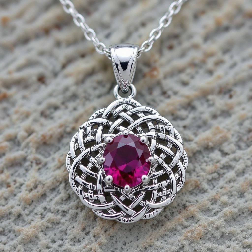  A celtic 50 carat necklace with VVS princess-cut  ruby gemstone and 18k silver chain