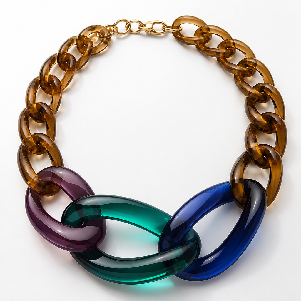 A women's necklace. create a chunky Cuban links style plastic necklace that is graduated and exaggerated in the first three links of translucent colors of jeweltone colors
photorealistic jewelry design, A women's necklace. create a chunky Cuban links style plastic necklace that is graduated and exaggerated in the first three links of translucent colors of jeweltone colors, modern style, just the design no text