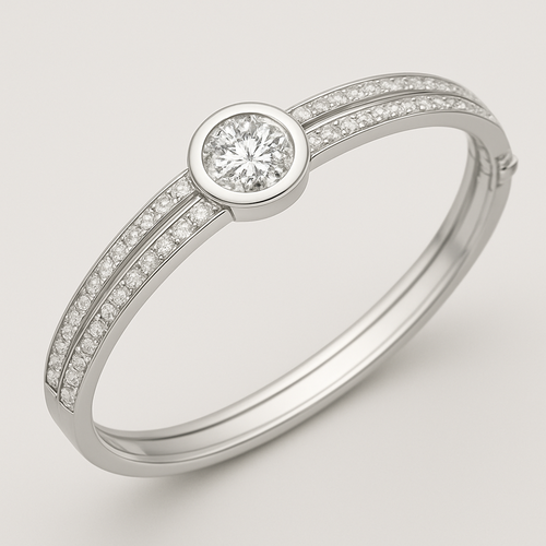 14kwg hinged bangle bracelet with split fishtail set diamond border and 8 mm round diamond bezel set between the outer rows