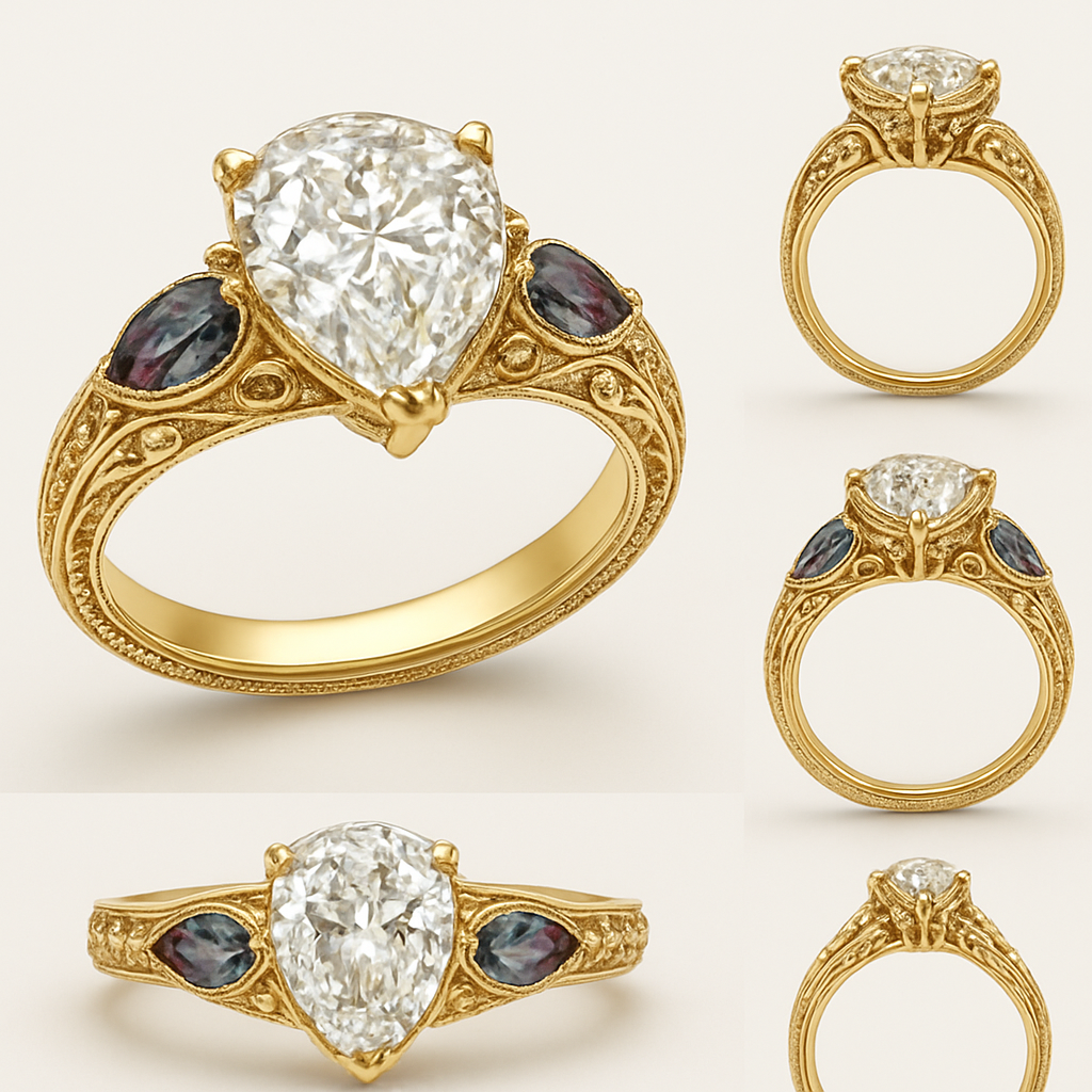 2 carat pear cut diamond with double claw prongs set in a yellow gold ring with marquise shaped alexandrite side stones full design from all angles