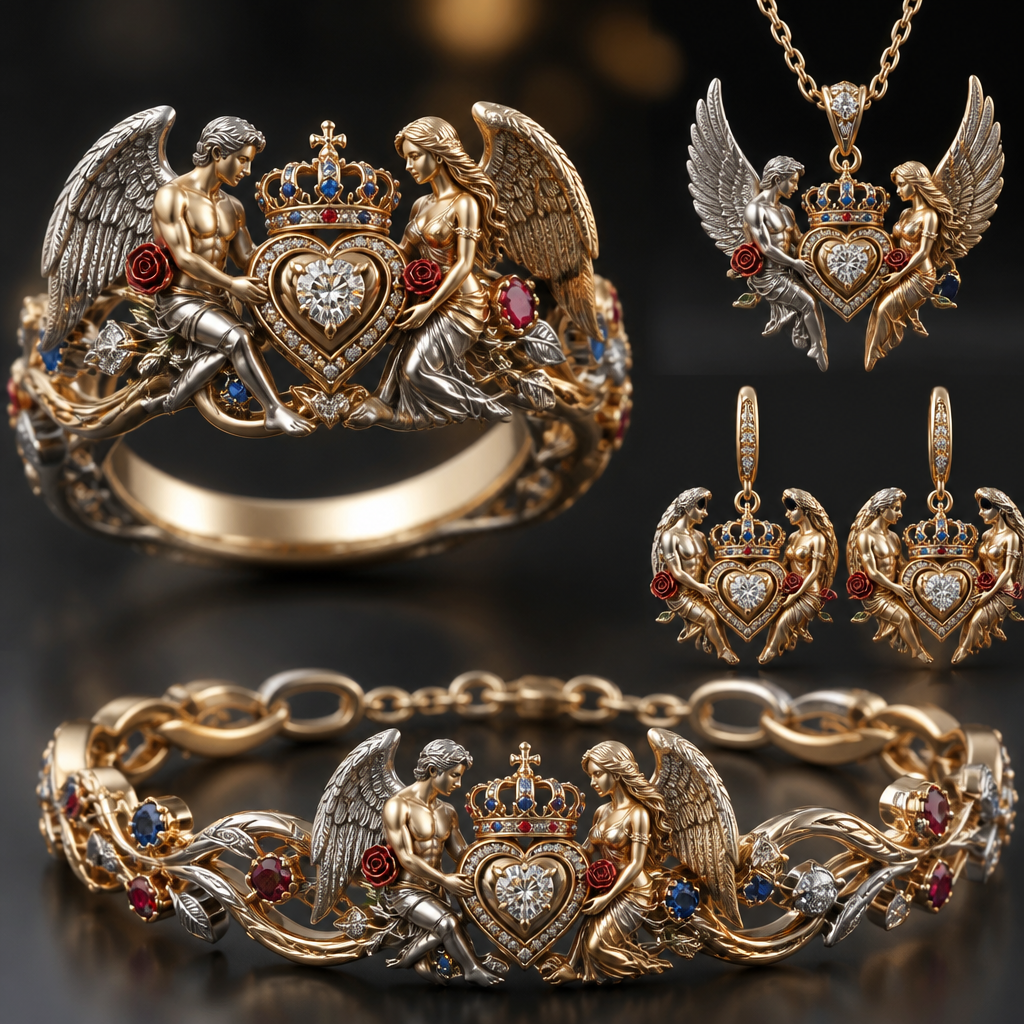 A nature women's ring made of mixed metal with diamond and ruby and sapphire stones suitable for wedding. An extraordinary beautiful delicate elegant and excellent set of jewelry with a beautiful delicate and elegant ring, two ear rings, a pendant and a bracelet with a heart at the middle and a diamond in the middle of the heart over the heart to be placed a beautiful delicate and elegant queen crown with a diamond in the middle and rubies and sapphires all around the crown, with an extraordinary beautiful delicate and elegant female Angel with a beautiful delicate and elegant face with long hair holding a heart with Her right hand and a rose with Her left hand at the right side of the heart and an extraordinary beautiful delicate and elegant male Angel with an extraordinary beautiful delicate elegant and fit body with a beautiful delicate and elegant face with short hair holding a heart with His right hand and a rose with His left hand at the left side of the heat. Both Angels to be placed to all the items of the set. The Angels to be adult Angels at all the items of the set. The crown to be placed on the heart.