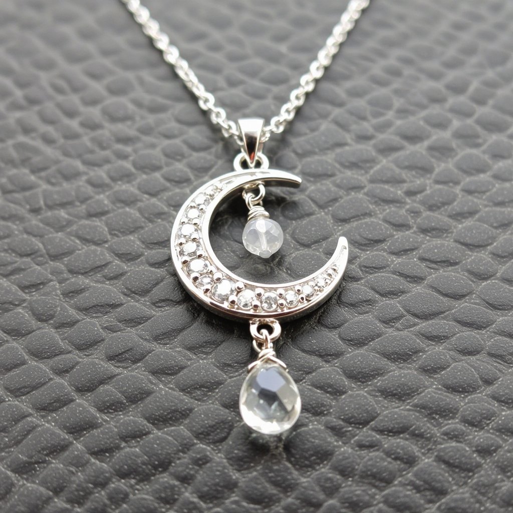 Луна полумесяцем с мелкими камушками и маленький в виде кристала лунный камень подвеска