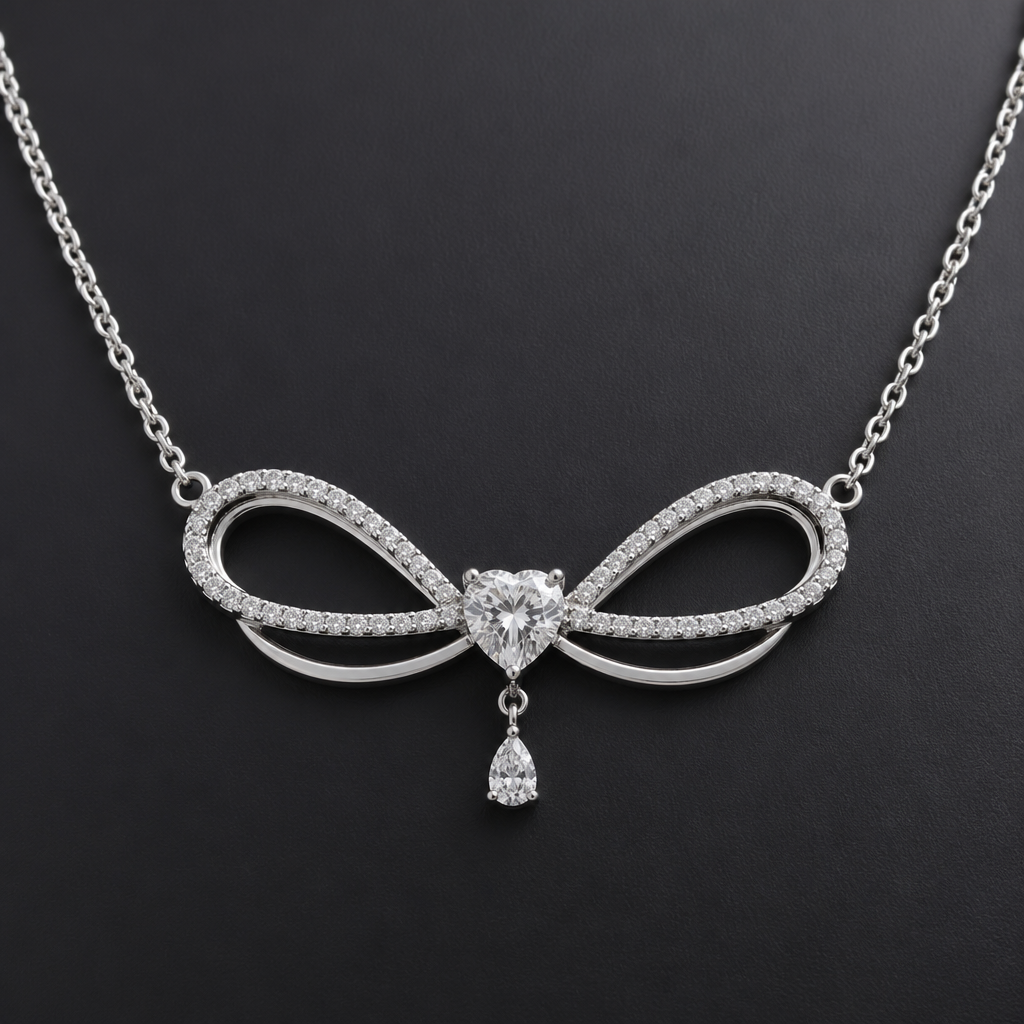 A women's necklace made of platinum with diamond stones. necklace, similar model as this but change to platinum gold color, style has num 8 style as bow and have pretty heart in middle
photorealistic jewelry design, A women's necklace made of platinum with diamond stones. necklace, similar model as this but change to platinum gold color, style has num 8 style as bow and have pretty heart in middle, modern style, just the design no text
