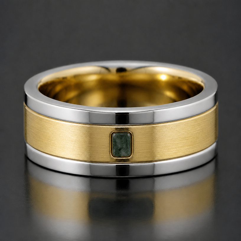 Square off the edges of the moss agate inlay and rotate the inlay 90 degrees and shrink it, proportionately, to fit on the middle, yellow gold band
