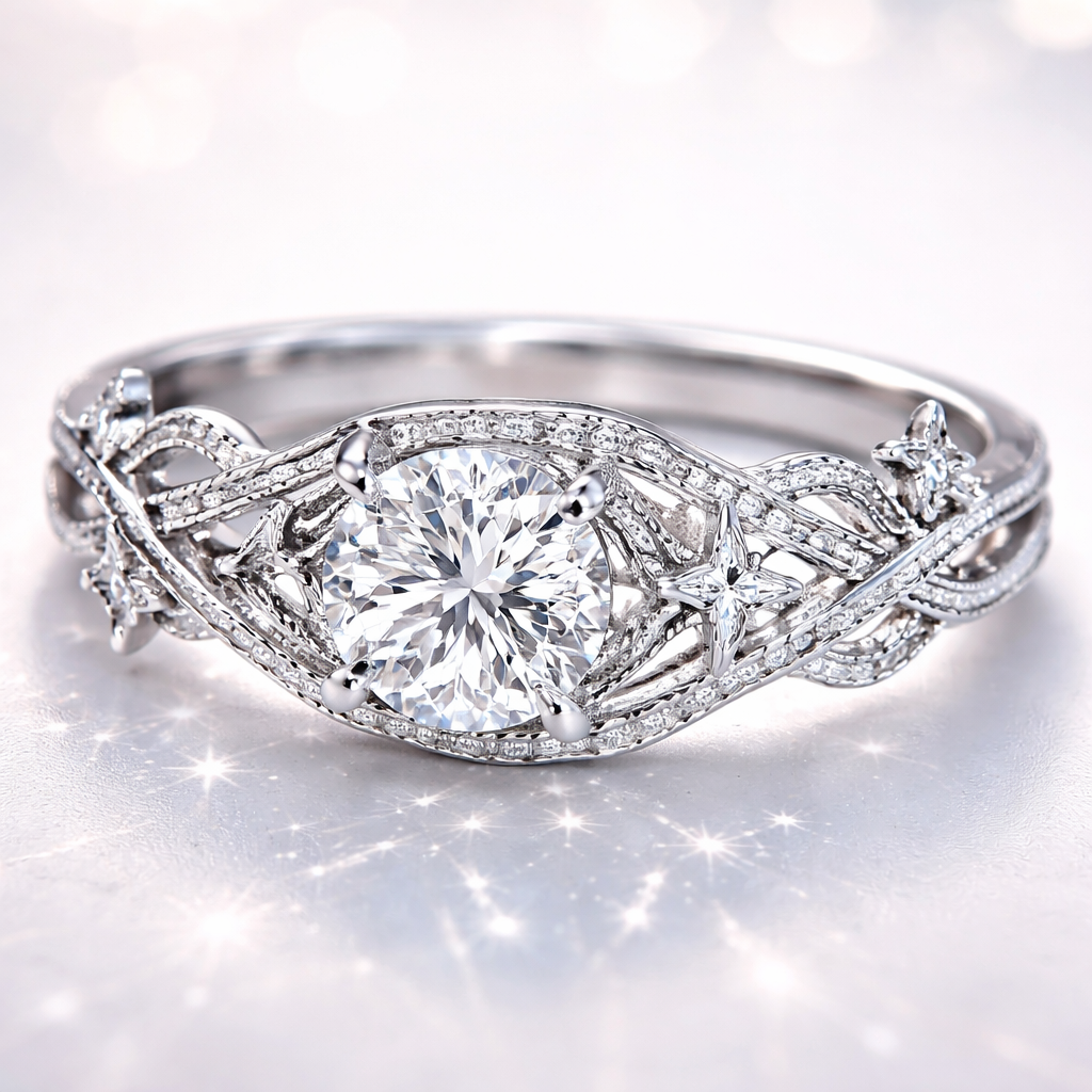 A romantic women's ring made of silver with diamond stones suitable for wedding. anel com linhas e estrelas