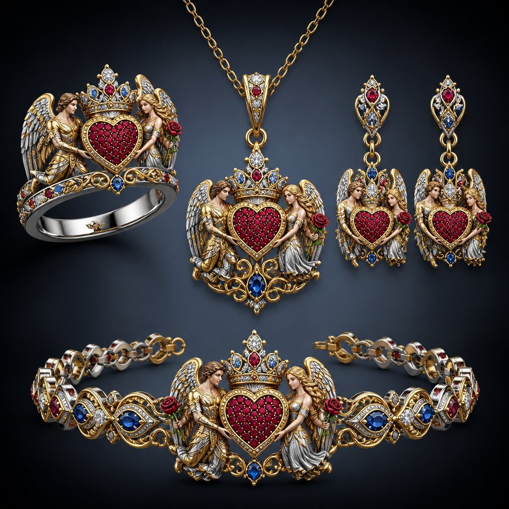 A royal women's ring made of mixed metal with diamond and ruby and sapphire stones suitable for wedding. An extraordinary excellent beautiful delicate and elegant set of jewelry with one ring, two ear rings, one pendant and one bracelet, with a heart in the middle which will be full of rubies, an extraordinary beautiful delicate and elegant female Angel with long hair at the right side of the heart and an extraordinary fit beautiful delicate and elegant male Angel at the left side of the heart, both Angels are to hold a heart with their right hand and a rose with their left hand, over the central heart is to be placed a beautiful, delicate elegant and extraordinary excellent crown with a diamond at the middle of the crown and around the crown to be placed rubies and sapphires the crown to be placed on the heart.