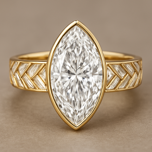 Bezel set 6 carat marquise diamond center stone with baguette diamonds in a herringbone pattern in the band