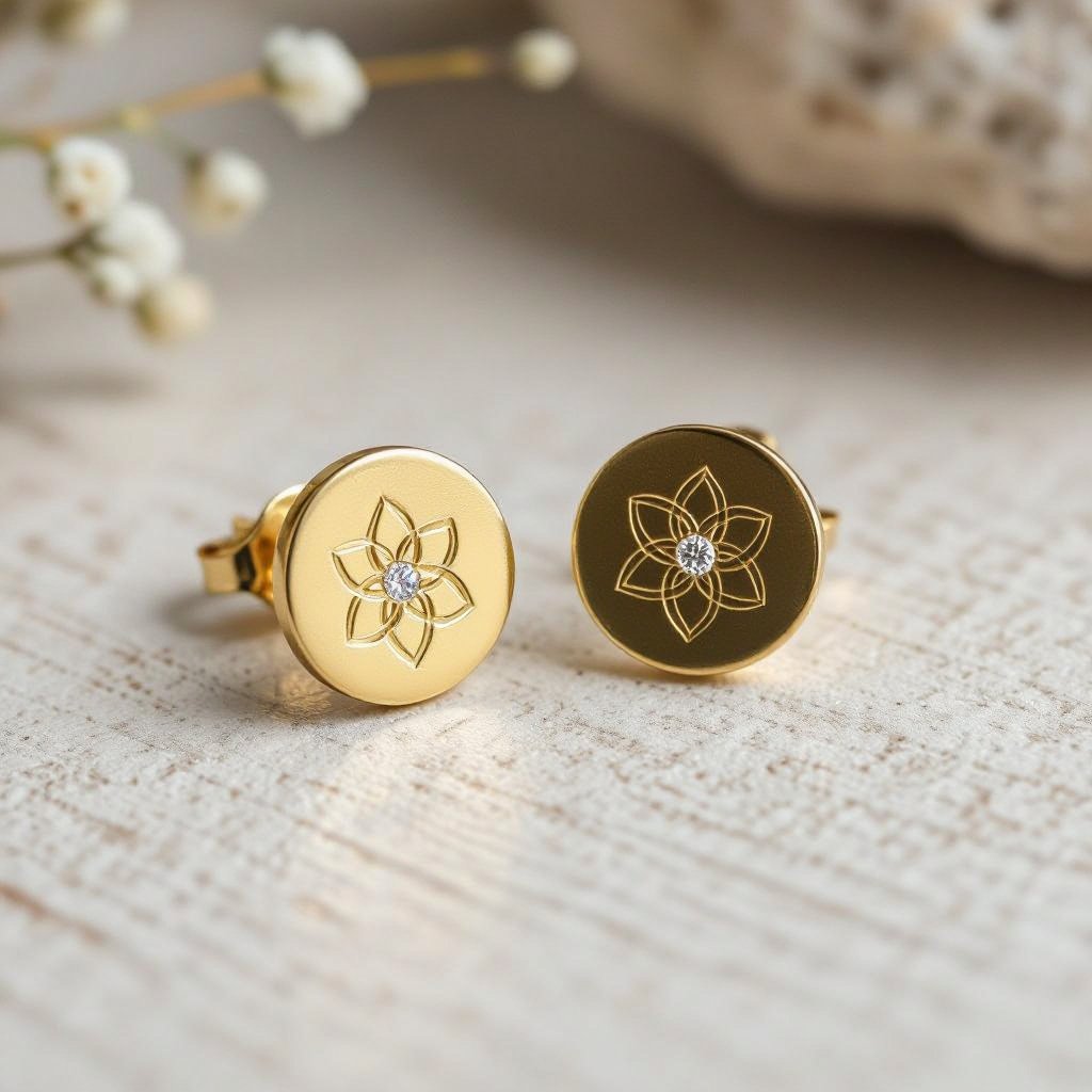 Пуссеты винтовой замок круглый символ цветка жизни с маленьким фианитом по центру