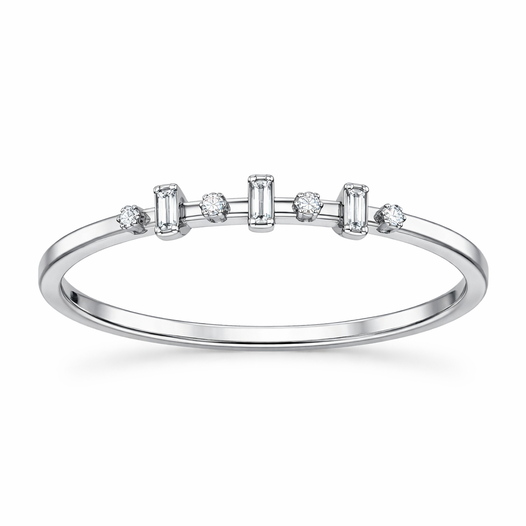 I have 5 small baguette diamonds
2 small round diamonds
Design a wedding band with these on a white gold band