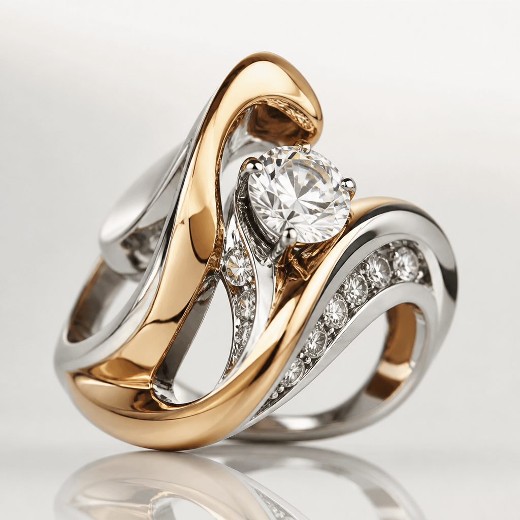 A avant-garde women's ring made of mixed metal with diamond stones suitable for festival. An extraordinary excellent beautiful delicate and elegant solitaire women ring. Face of the ring.
photorealistic jewelry design, A avant-garde women's ring made of mixed metal with diamond stones suitable for festival. An extraordinary excellent beautiful delicate and elegant solitaire women ring. Face of the ring., avant_garde style, just the design no text
