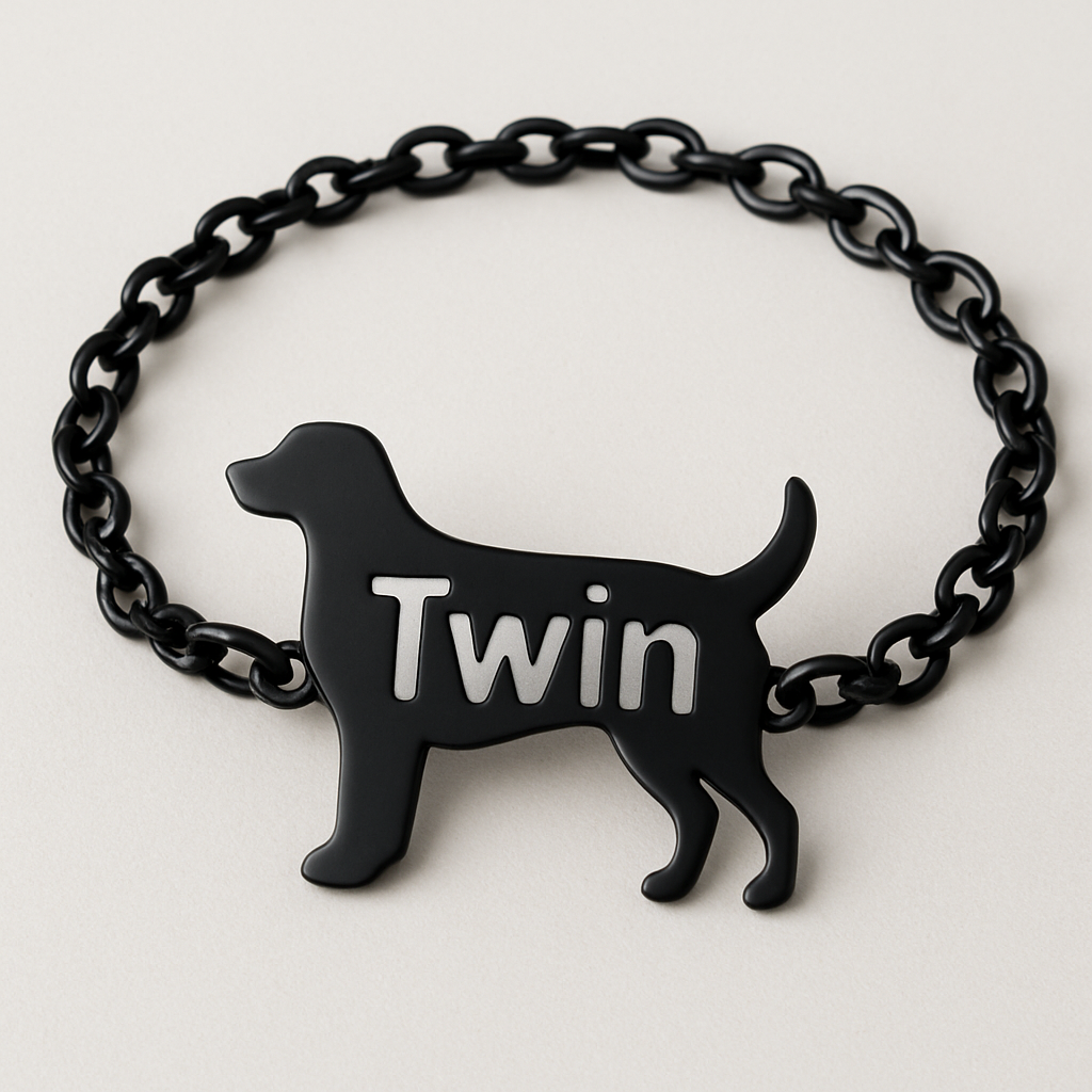 Black bracelet that says “Twin” in a dog shape