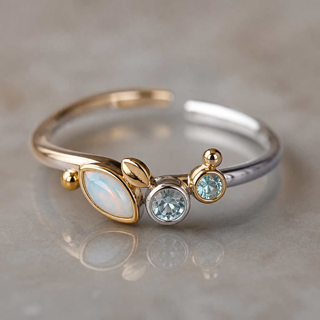 A minimalist women's ring made of mixed metal with opal and topaz and aquamarine stones suitable for festival. A modern women ring with little ornaments of modern motifs.
photorealistic jewelry design, A minimalist women's ring made of mixed metal with opal and topaz and aquamarine stones suitable for festival. A modern women ring with little ornaments of modern motifs., minimalist style, just the design no text