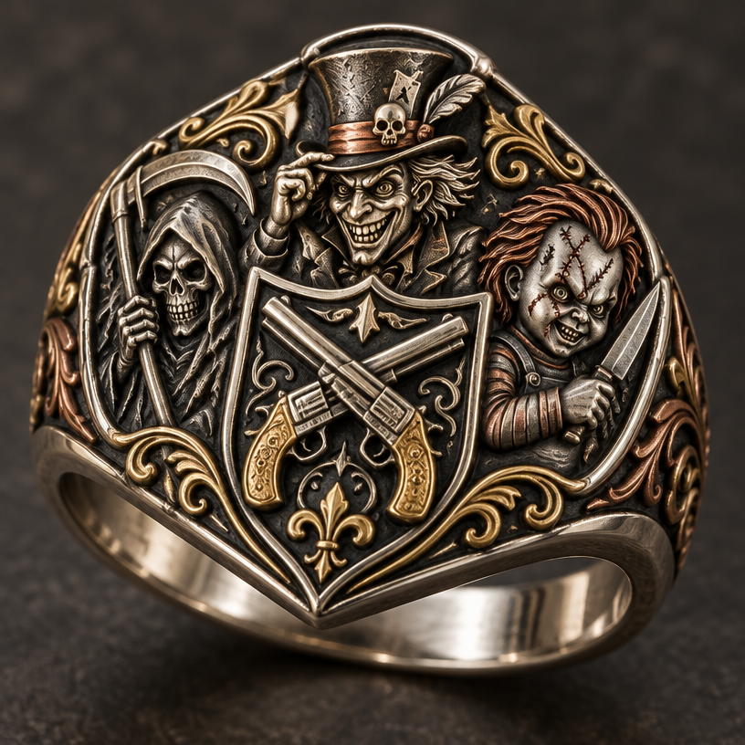 A signet women's ring made of mixed metal suitable for daily wear, detailed and decorative, moderately ornate. madhatter a reaper and Chucky and 2 pistols crossing in a shield
using the attached image as a visual reference, create A signet women's ring made of mixed metal suitable for daily wear, detailed and decorative, moderately ornate. madhatter a reaper and Chucky and 2 pistols crossing in a shield. photorealistic, just the design no text