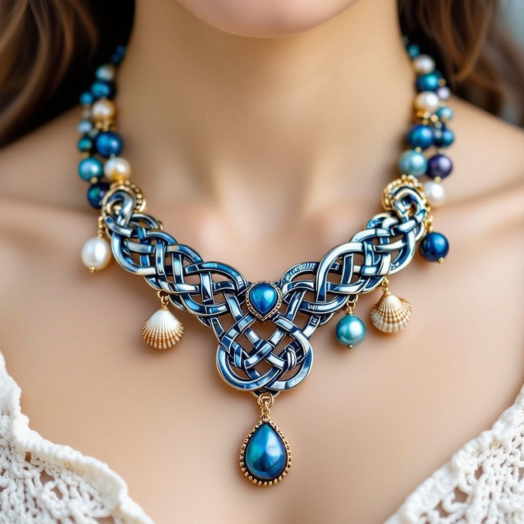 Sea inspired jewelry set, with different blue shades pearls and small shells and golden details