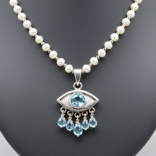 Тонкая цепочка с серебряными шариками и мелкими жемчужными камушками на цепочке есть кулон в форме глаза, зрачок глаза из аквамарина от глаза идет маленькая подвеска с маленькими камушками аквамарина 