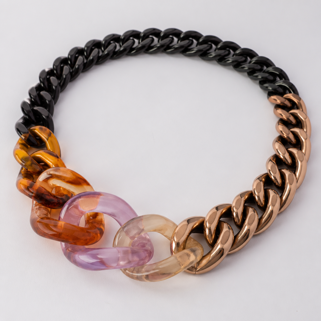 A women's ring. create a chunky Cuban links style plastic necklace that is graduated and exaggerated in the first three links of translucent colors with the back part being black and the front copper
photorealistic jewelry design, A women's ring. create a chunky Cuban links style plastic necklace that is graduated and exaggerated in the first three links of translucent colors with the back part being black and the front copper, modern style, just the design no text
