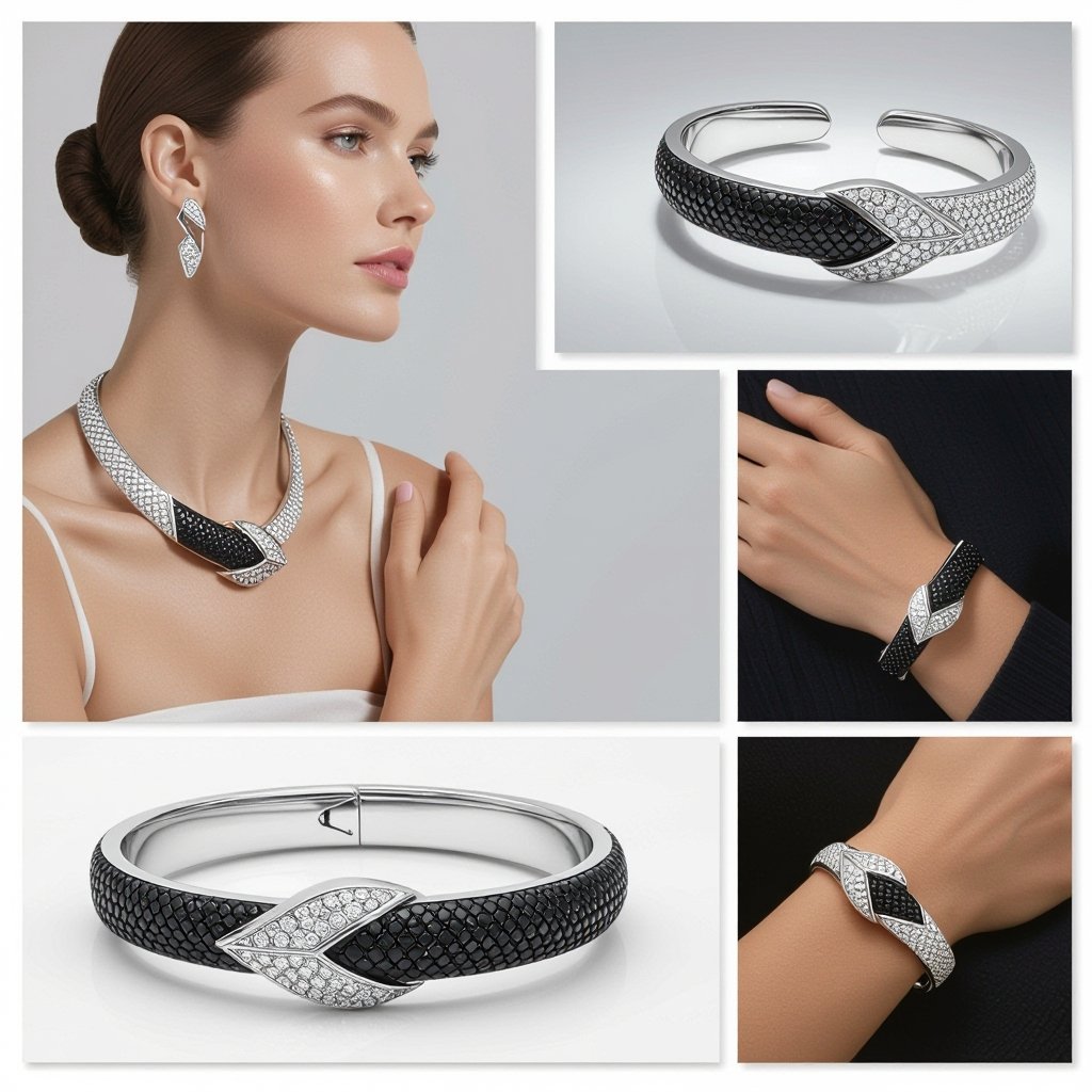 Pendant Geomatric snake leather with diamonds of architecture shapes and edges of bracelet banglea