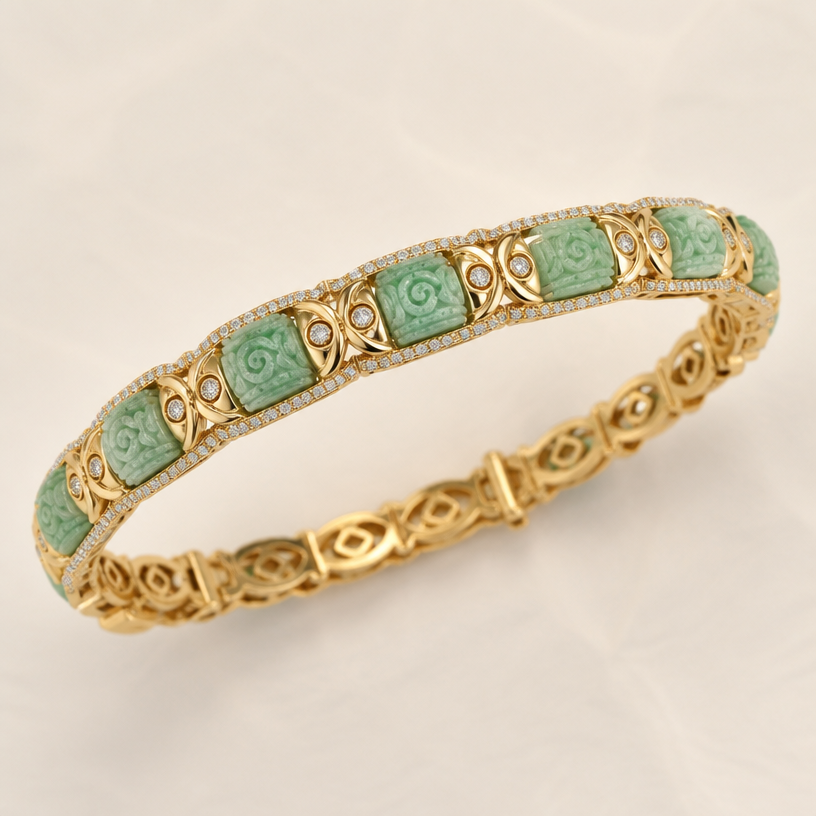 A bangle women's bracelet made of gold with diamond stones suitable for daily wear, detailed and decorative, moderately ornate. Use 12 tablets.
using the attached image as a visual reference, create A bangle women's bracelet made of gold with diamond stones suitable for daily wear, detailed and decorative, moderately ornate. Use 12 tablets.. photorealistic, just the design no text