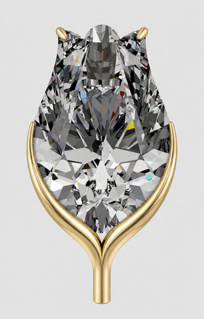 Edit this exact pendant design. Preserve the diamond exactly as shown. Preserve the entire lower gold support and short stem exactly as shown; do not redesign the lower part. Add only two very small refined upper claw prongs, one near each upper shoulder peak of the stone. These upper prongs must be delicate, minimal and integrated, providing visual security without covering the central crest. Keep them short and elegant. Do not add a bail yet. Do not add a loop, cap, crown, rabbit-ear shape, antenna shape, decorative top element, or any extra frame. Keep the overall silhouette compact, calm, and still clearly reminiscent of a closed rosebud with a calyx. Front view only, realistic fine-jewellery render, plain light background.
Edit this exact pendant design. Preserve the diamond exactly as shown. Preserve the entire lower gold support and short stem exactly as shown; do not redesign the lower part. Add only two very small refined upper claw prongs, one near each upper shoulder peak of the stone. These upper prongs must be delicate, minimal and integrated, providing visual security without covering the central crest. Keep them short and elegant. Do not add a bail yet. Do not add a loop, cap, crown, rabbit-ear shape, antenna shape, decorative top element, or any extra frame. Keep the overall silhouette compact, calm, and still clearly reminiscent of a closed rosebud with a calyx. Front view only, realistic fine-jewellery render, plain light background.