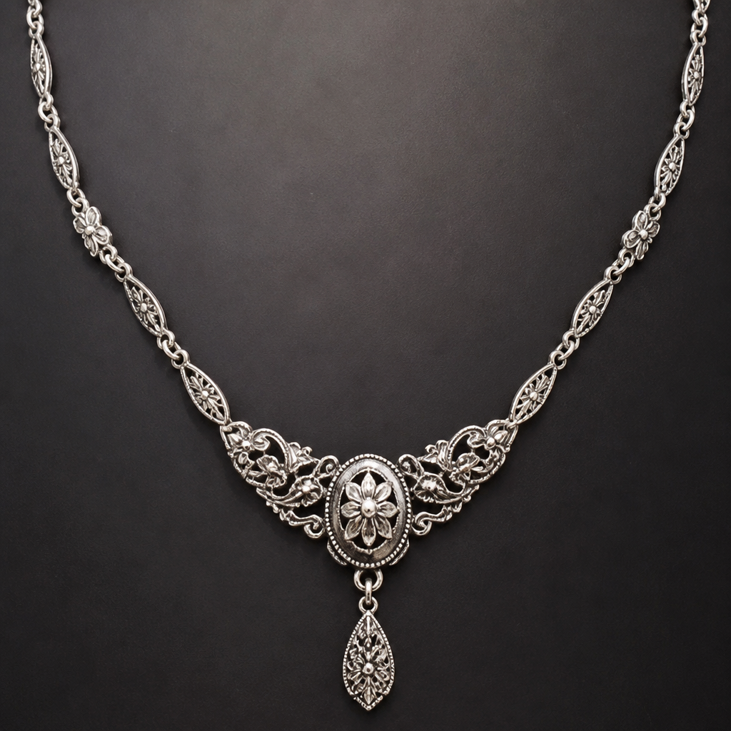 A vintage women's necklace made of silver, detailed and decorative, moderately ornate
photorealistic jewelry design, A vintage women's necklace made of silver, detailed and decorative, moderately ornate, vintage style, just the design no text