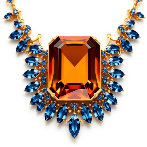 a 50 carat asscher-cut amber gemstone and Navette-cut blue sapphire gemstone, FL IF clarity necklace