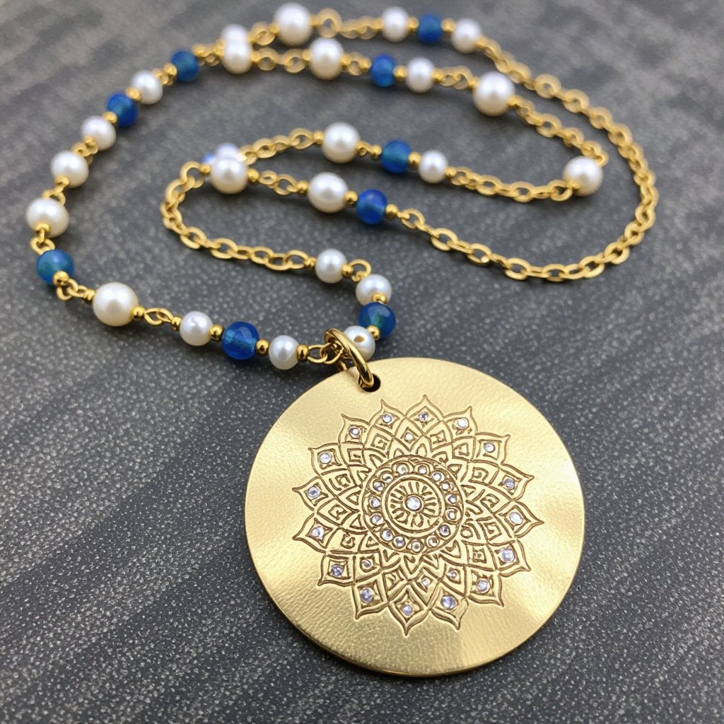 Кулон на длинной цепочке. Матовое светлое золото. В цепочке небольшие золотые шарики и синие камушки и жемчуга. Кулон в форме неровного мятого круга. На круге изображена мандала украшена узорами и мелкими камушками 