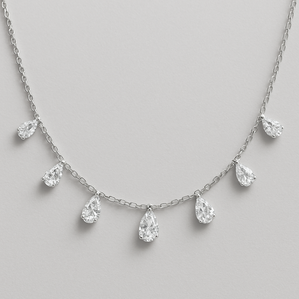 Pear shape pears station necklace 7 diamonds  silver small each diamonds .15 no bezel