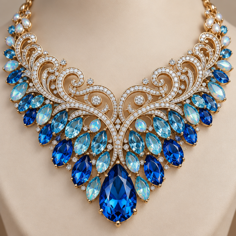 A nature-inspired women's necklace made of gold with sapphire and opal and diamond stones, highly ornate, intricate and elaborate, richly detailed. WAVE NECKLACE
STEP BY STEP
* Create the wave filigree framework using fine metalwork and hand setting.
* Gradients of blue topaz and aquamarine stones, starting from light to deep blue.
* Add the large pear-cut blue topaz centerpiece.
* Pavé diamonds resemble sea foam and sparkle.
Additional Details
* Design: Intricate wave-inspired collar with swirling filigree patterns.
* Gemstones: Teardrop-shaped blue topaz and aquamarine (gradient).
* Metal: Platinum / White gold with pavé diamonds.
using the attached image as a visual reference, create A nature-inspired women's necklace made of gold with sapphire and opal and diamond stones, highly ornate, intricate and elaborate, richly detailed. WAVE NECKLACE
STEP BY STEP
* Create the wave filigree framework using fine metalwork and hand setting.
* Gradients of blue topaz and aquamarine stones, starting from light to deep blue.
* Add the large pear-cut blue topaz centerpiece.
* Pavé diamonds resemble sea foam and sparkle.
Additional Details
* Design: Intricate wave-inspired collar with swirling filigree patterns.
* Gemstones: Teardrop-shaped blue topaz and aquamarine (gradient).
* Metal: Platinum / White gold with pavé diamonds.. photorealistic, just the design no text