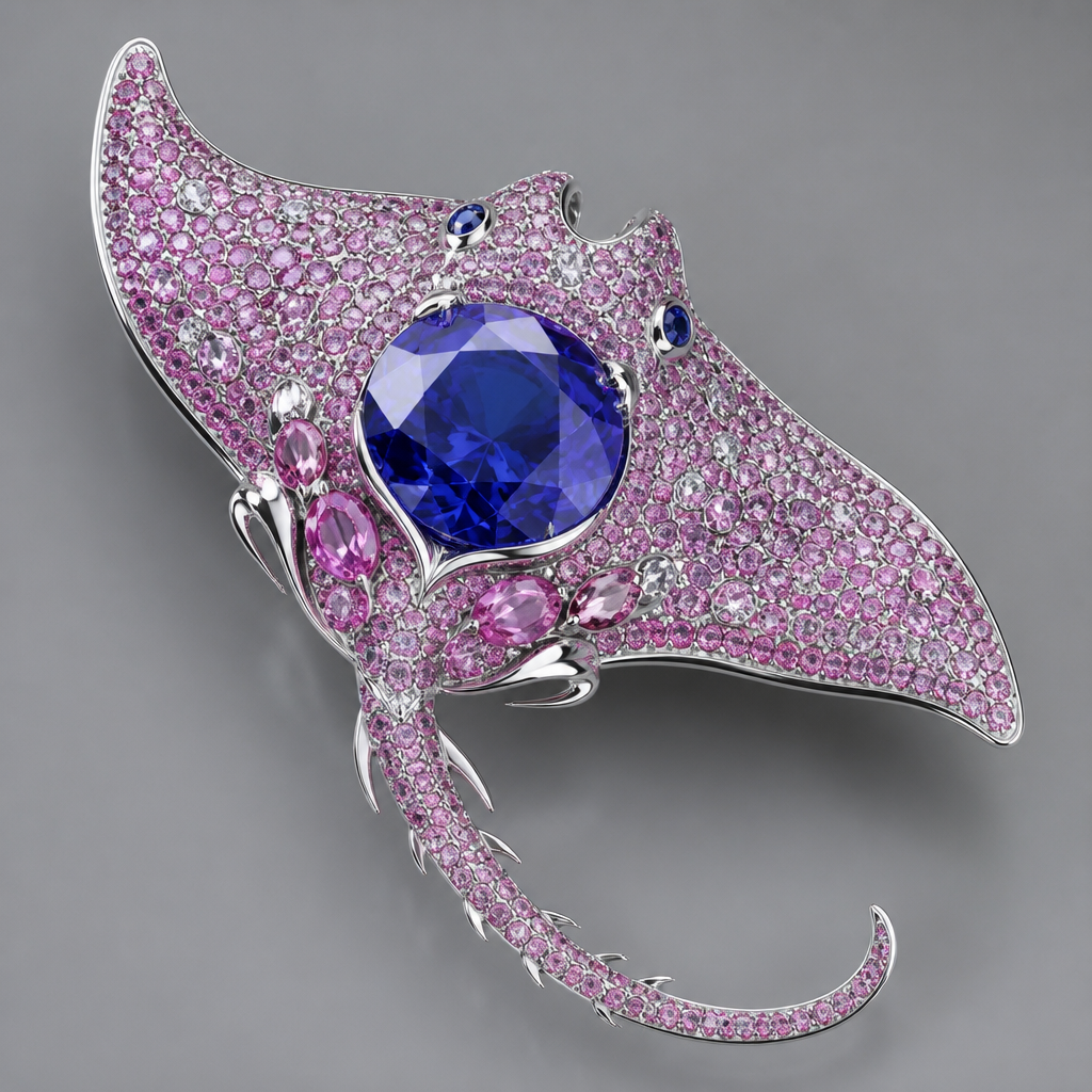 Rhodium with a pink diamond stingray with a large sapphire
photorealistic jewelry design, Rhodium with a pink diamond stingray with a large sapphire , avant_garde style, just the design no text