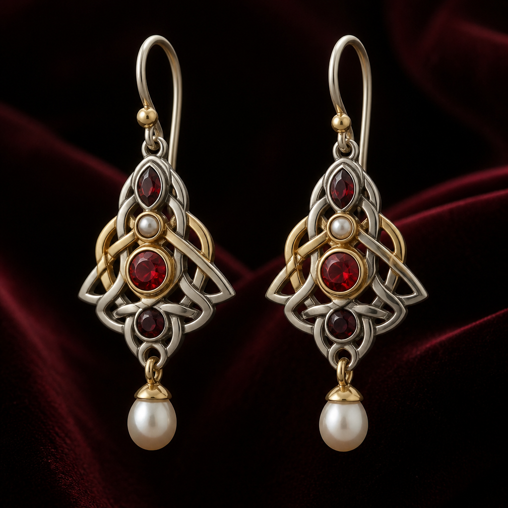 A celtic women's earrings made of mixed metal with ruby and garnet and pearl stones suitable for gift