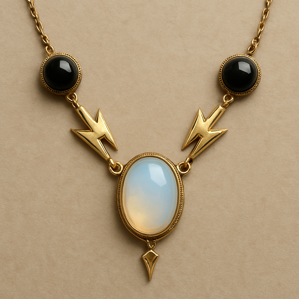 Opalite and onyx necklace linked with gold lightening strikes