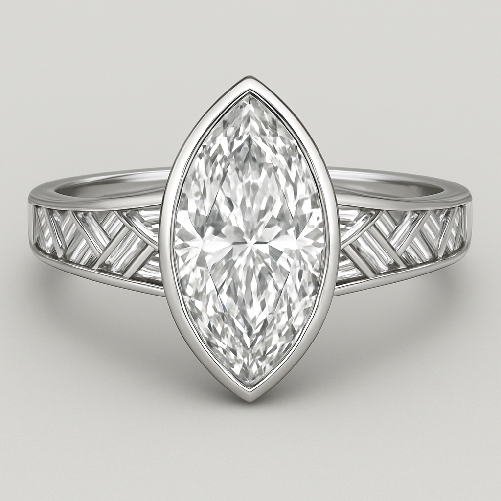 Bezel set 6 carat marquise diamond center stone with baguette diamonds in a herringbone pattern in the band