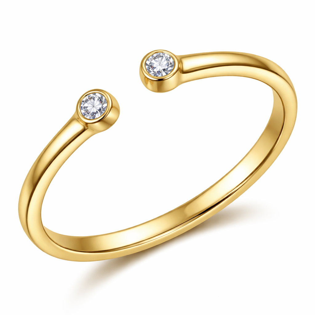 modern open gold ring made of 316L stainless steel with two small cubic zirconia stones, minimalist elegant design, adjustable style
modern open gold ring made of 316L stainless steel with two small cubic zirconia stones, minimalist elegant design, adjustable style, modern style