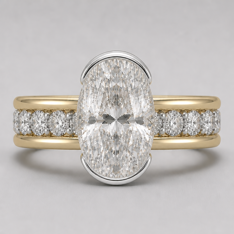 remove the bezel wall on the west and east side of the main stone
edit the attached jewelry design with these instructions: remove the bezel wall on the west and east side of the main stone. keep it photorealistic, just the design no text