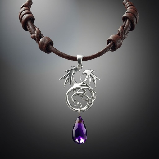 Creative stylish necklace on thick leather cord with big silver pendant and gemstone charm 