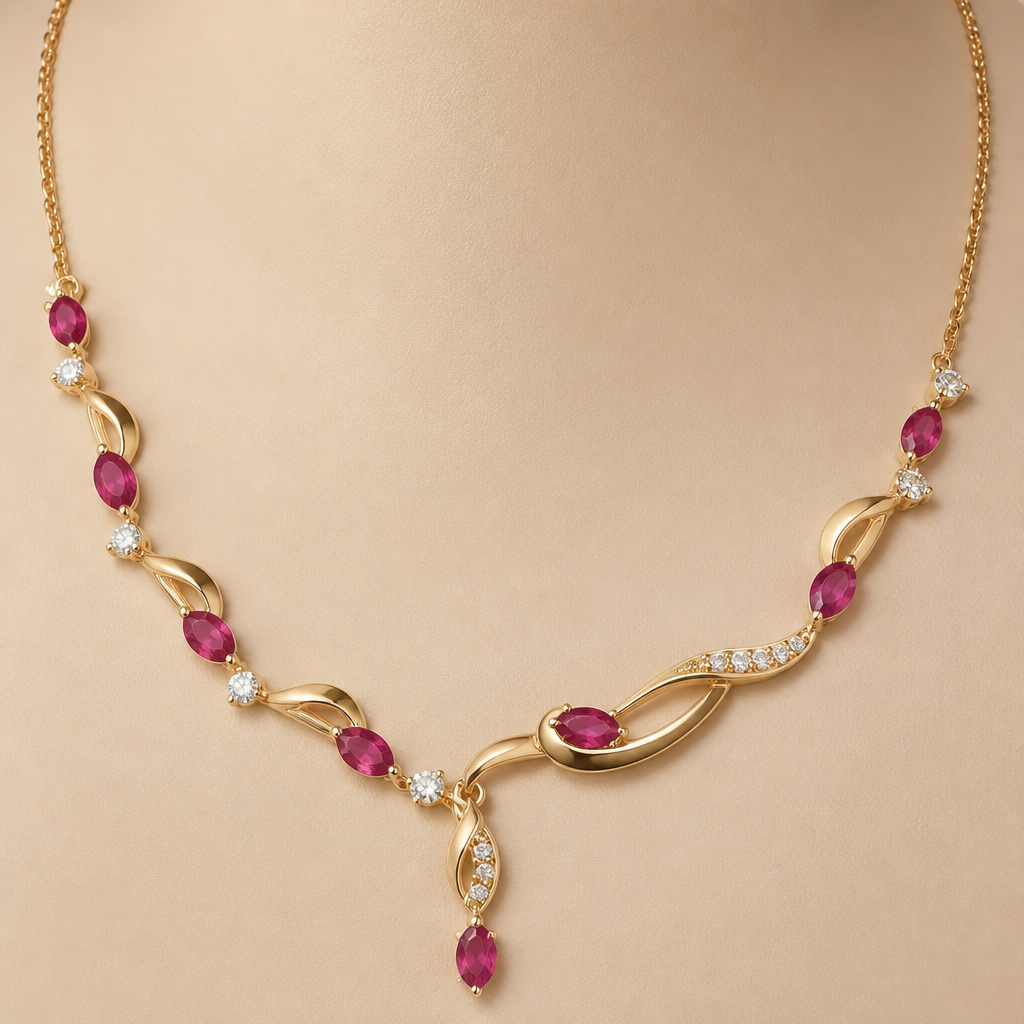 A modern women's necklace made of gold with ruby stones
photorealistic jewelry design, A modern women's necklace made of gold with ruby stones, modern style, just the design no text