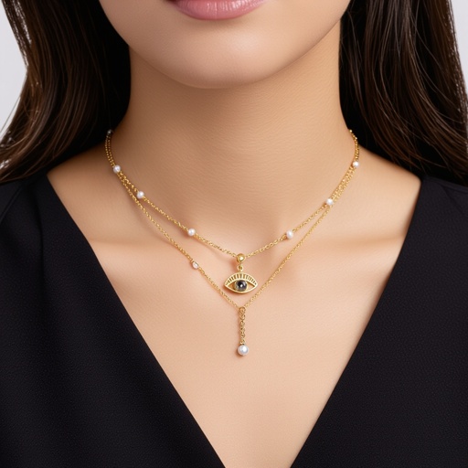 Тонкая цепочка с золотыми шариками и мелкими жемчужными камушками на цепочке есть кулон в форме глаза, зрачок глаза из раухтопаза от глаза идет маленькая подвеска с маленьким камушком 