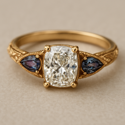 2 carat elongated cushion cut diamond engagement yellow gold ring with marquise shaped alexandrite side stones 